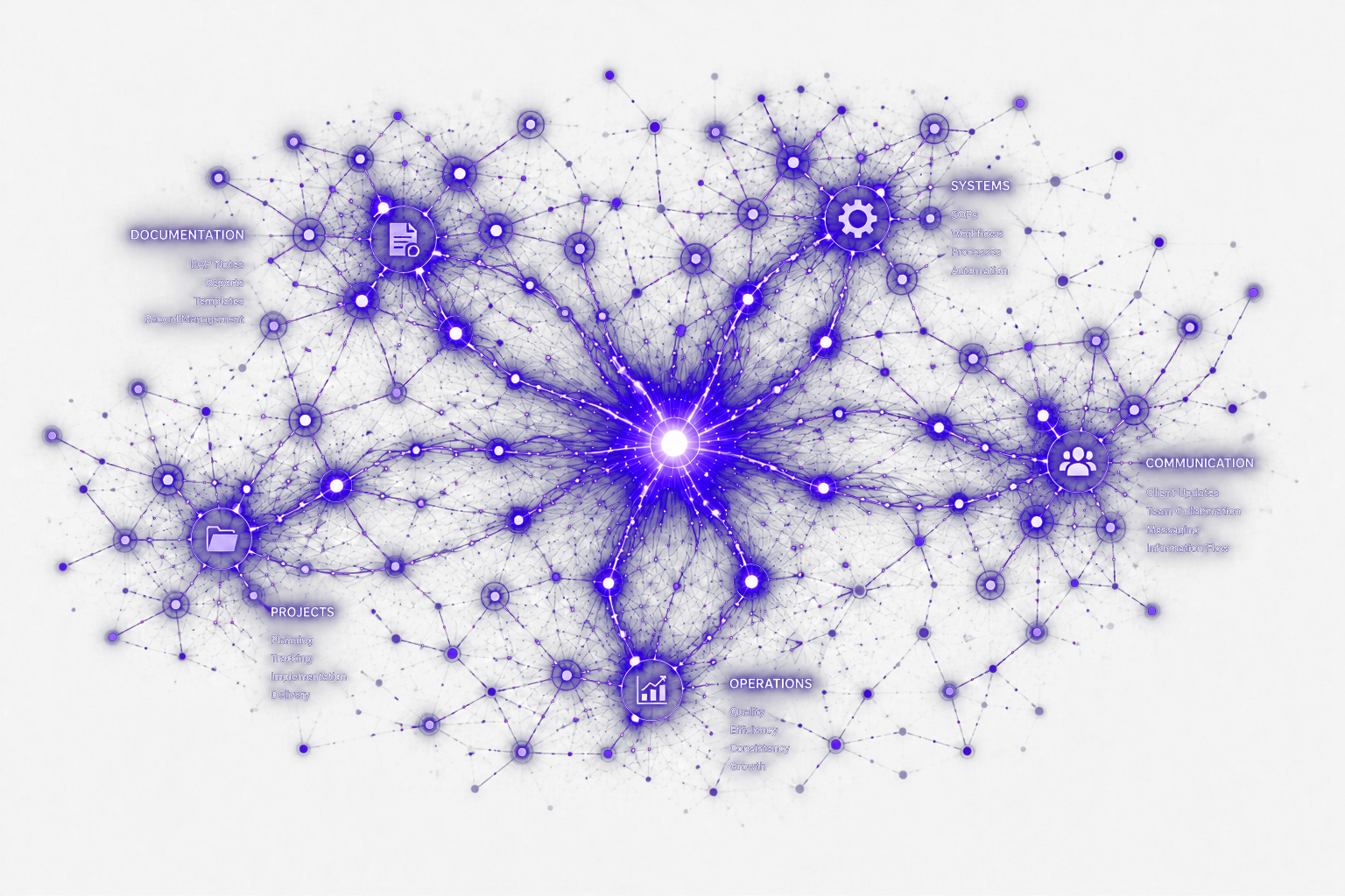 Business Flow diagram showing connected areas of a business: Documentation, Systems, Communication, Projects, and Operations