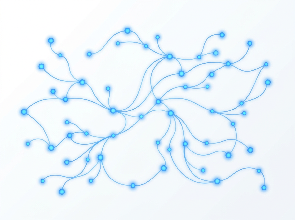 A calm blue network of nodes joined by flowing pathways