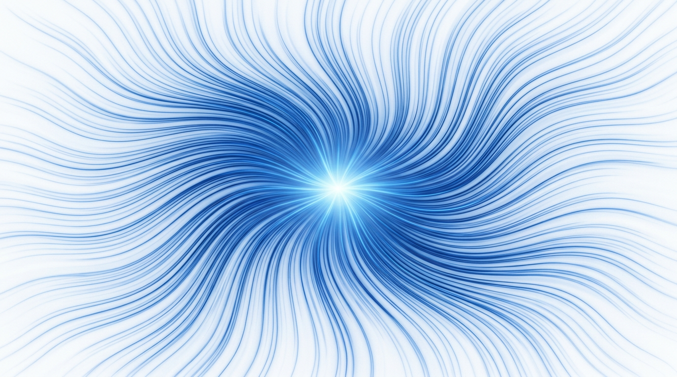 Blue currents converging toward a single glowing point