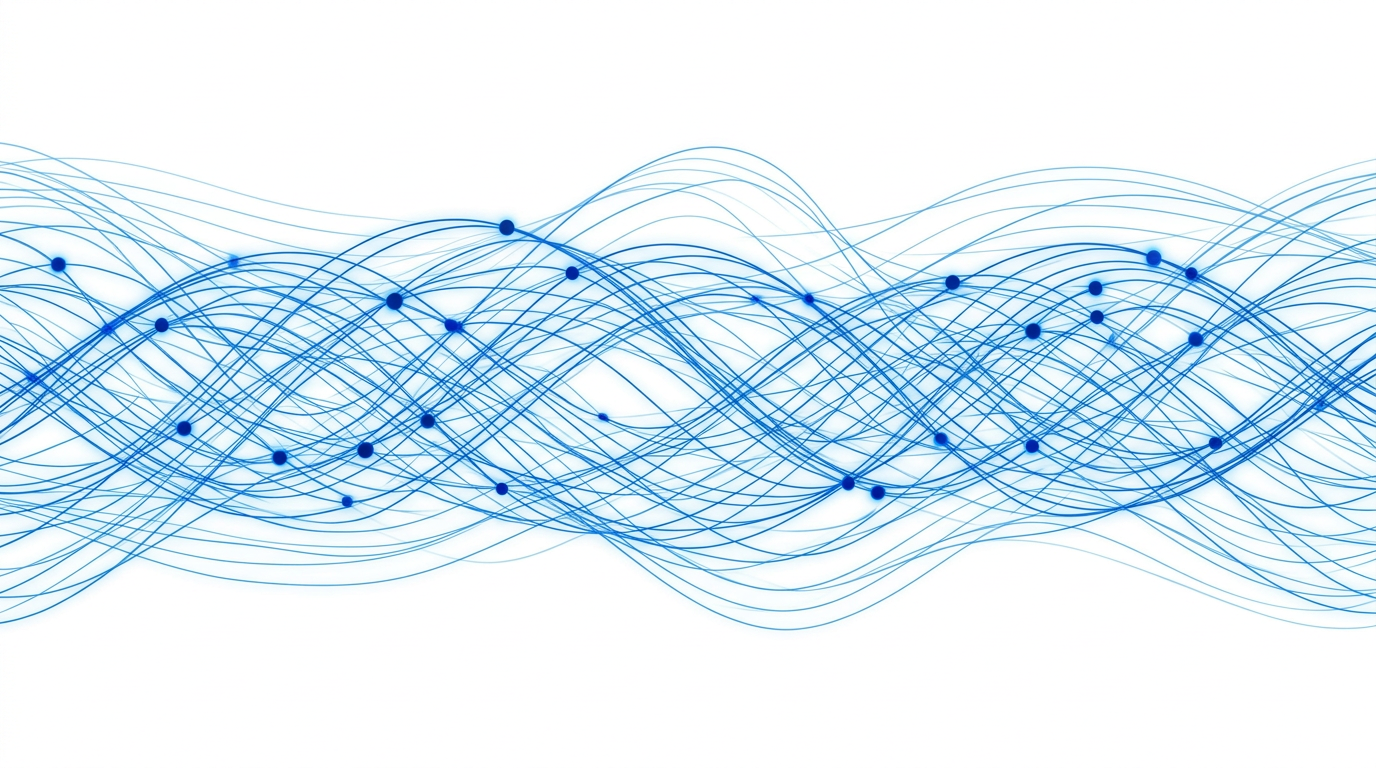 A wide lattice of glowing blue nodes joined by thin luminous currents